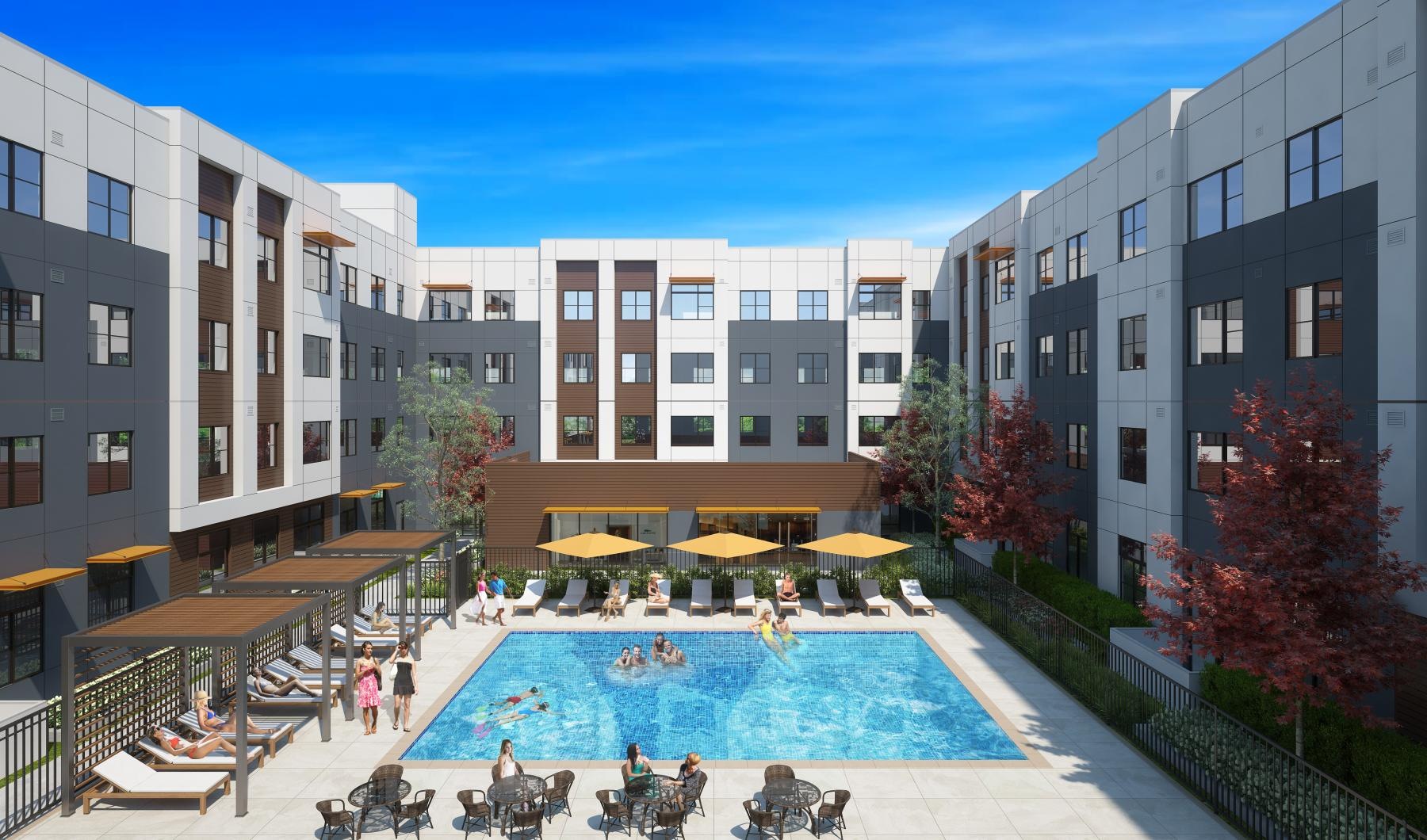 a pool in a courtyard between buildings